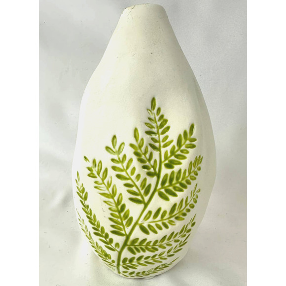 Rustic Fern Pottery Vase Organic Shape Warm White Green Fern Leaves - Picture 2 of 12